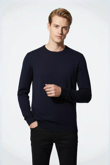 Navy Blue Slim Fit Crew Neck Cotton Knit Jumper | Wessi