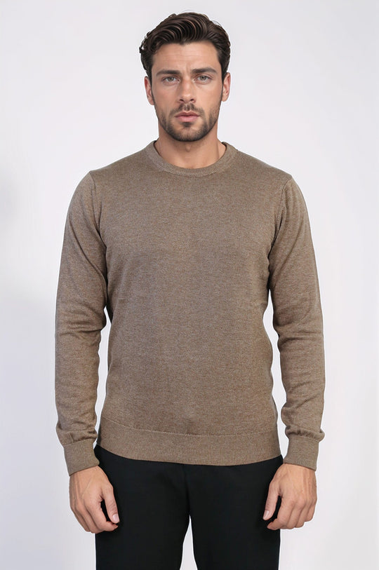 Brown Slim Fit Crew Neck Cotton Knit Jumper | Wessi