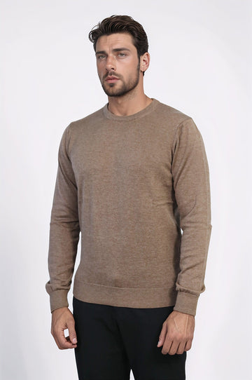 Brown Slim Fit Crew Neck Cotton Knit Jumper | Wessi