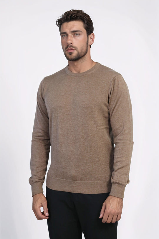 Brown Slim Fit Crew Neck Cotton Knit Jumper | Wessi