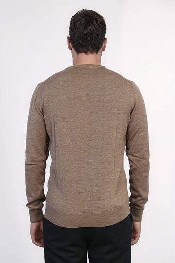 Brown Slim Fit Crew Neck Cotton Knit Jumper | Wessi
