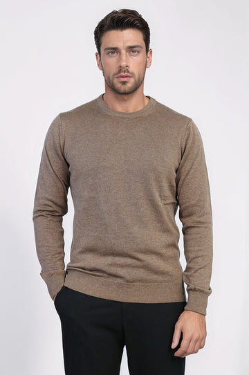Brown Slim Fit Crew Neck Cotton Knit Jumper | Wessi