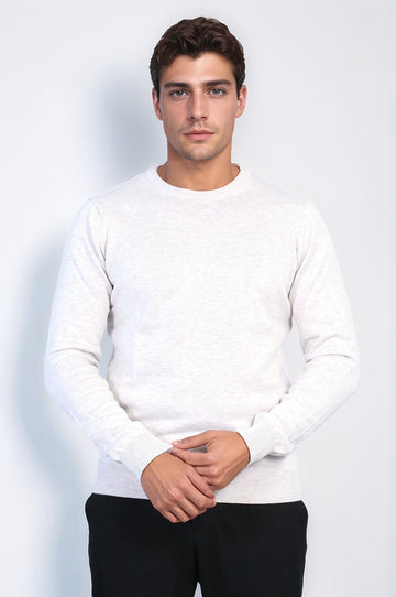 Beige Slim Fit Crew Neck Cotton Knit Jumper | Wessi