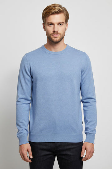 Blue Slim Fit Crew Neck Cotton Knit Jumper | Wessi