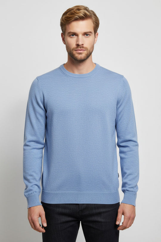 Blue Slim Fit Crew Neck Cotton Knit Jumper | Wessi