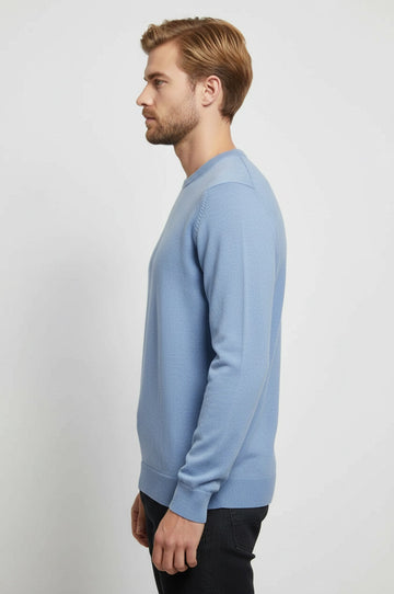 Blue Slim Fit Crew Neck Cotton Knit Jumper | Wessi