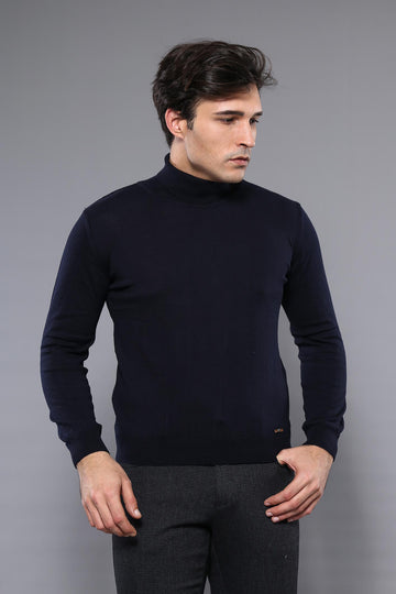 Navy Blue Turtleneck Slim Fit Cotton Jumper – Wessi