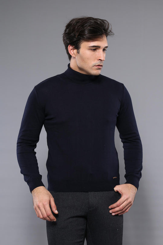 Navy Blue Turtleneck Slim Fit Cotton Jumper – Wessi
