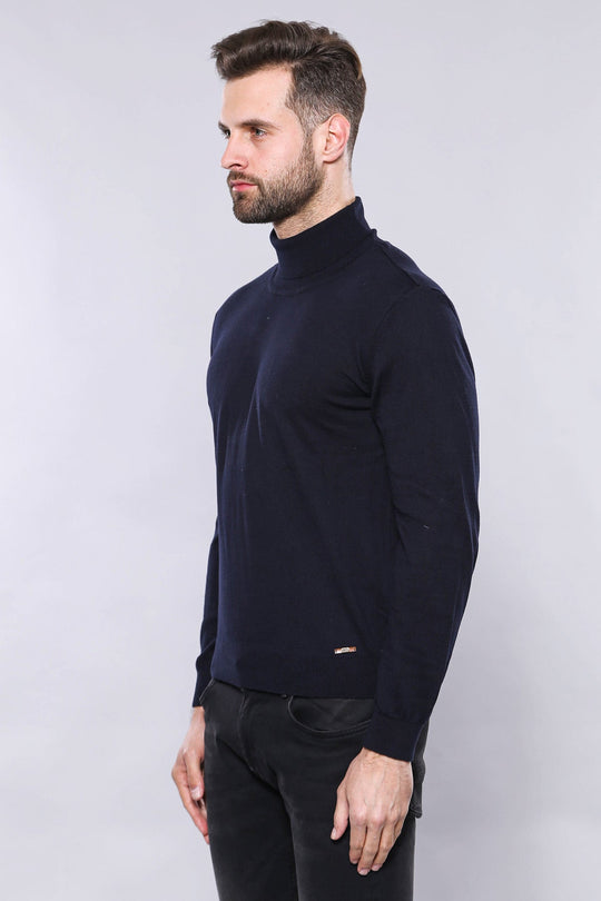 Navy Blue Turtleneck Slim Fit Cotton Jumper – Wessi