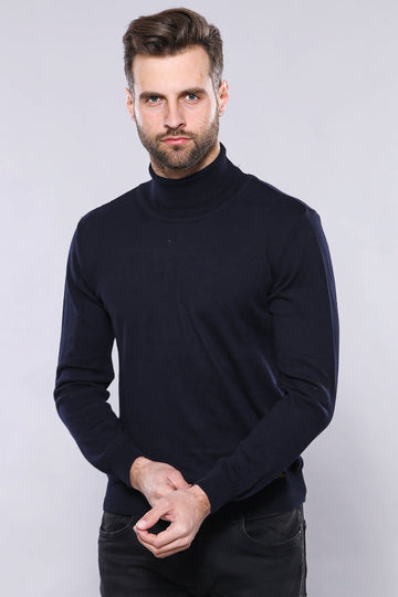 Navy Blue Turtleneck Slim Fit Cotton Jumper – Wessi