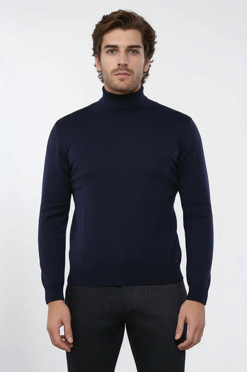 Dark Blue Turtleneck Slim Fit Cotton Sweater – Wessi