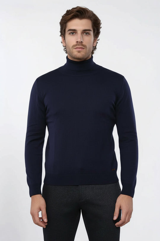 Dark Blue Turtleneck Slim Fit Cotton Sweater – Wessi