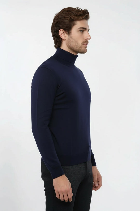 Dark Blue Turtleneck Slim Fit Cotton Sweater – Wessi