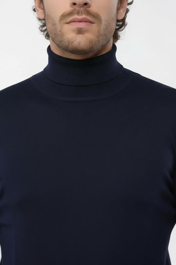 Dark Blue Turtleneck Slim Fit Cotton Sweater – Wessi