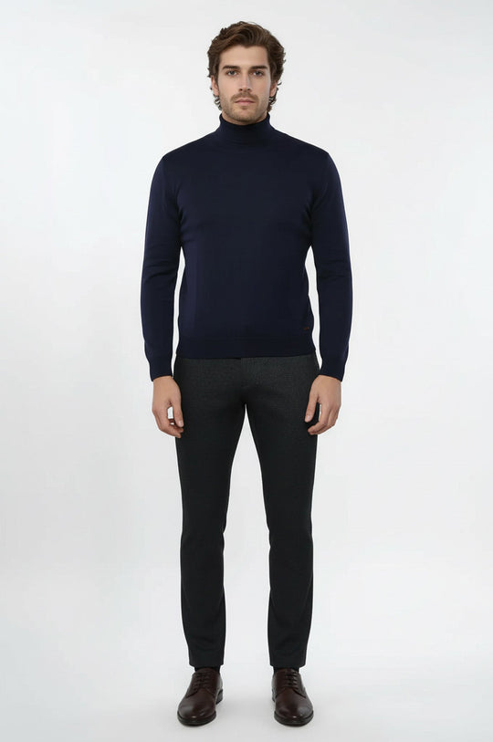 Dark Blue Turtleneck Slim Fit Cotton Sweater – Wessi