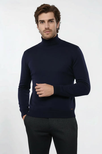 Dark Blue Turtleneck Slim Fit Cotton Sweater – Wessi