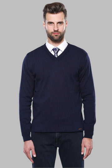 Dark Blue Slim Fit Plain V-Neck Sweater – Wessi