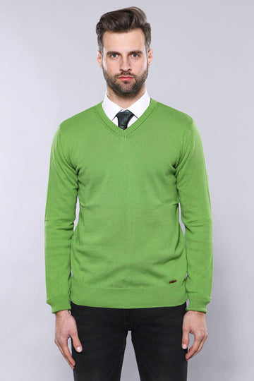 Dark Green Slim Fit V-Neck Cotton Knit Jumper – Wessi