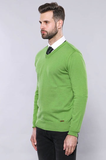 Dark Green Slim Fit V-Neck Cotton Knit Jumper – Wessi