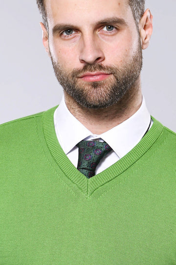 Dark Green Slim Fit V-Neck Cotton Knit Jumper – Wessi