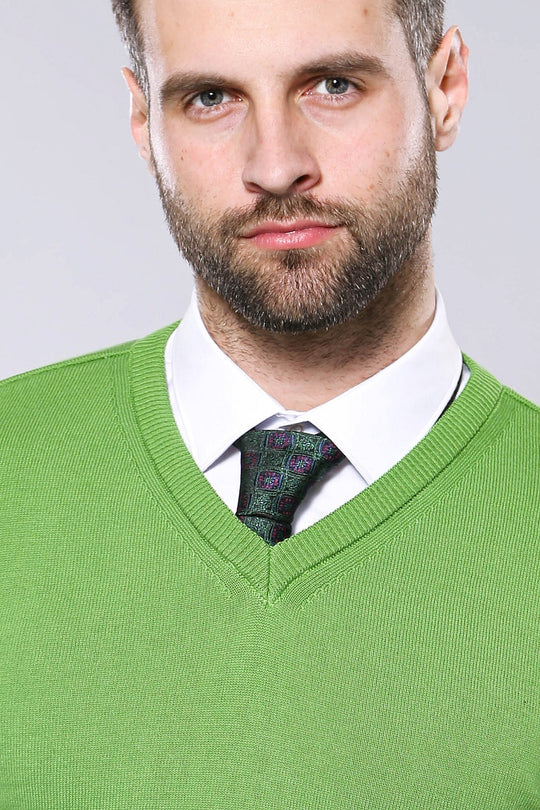 Dark Green Slim Fit V-Neck Cotton Knit Jumper – Wessi