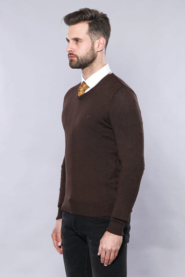 Brown Slim Fit V-Neck Cotton Knit Jumper | Wessi