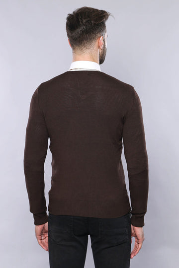 Brown Slim Fit V-Neck Cotton Knit Jumper | Wessi