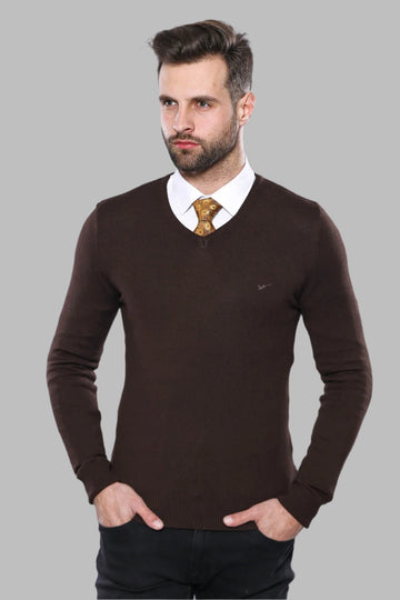 Brown Slim Fit V-Neck Cotton Knit Jumper | Wessi
