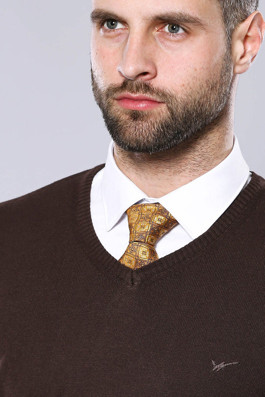 Brown Slim Fit V-Neck Cotton Knit Jumper | Wessi