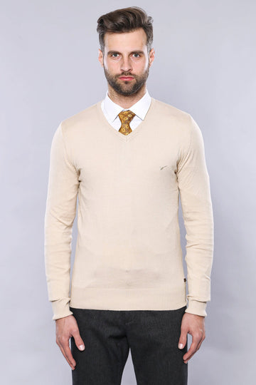 Cream Slim Fit V-Neck Cotton Knit Jumper | Wessi