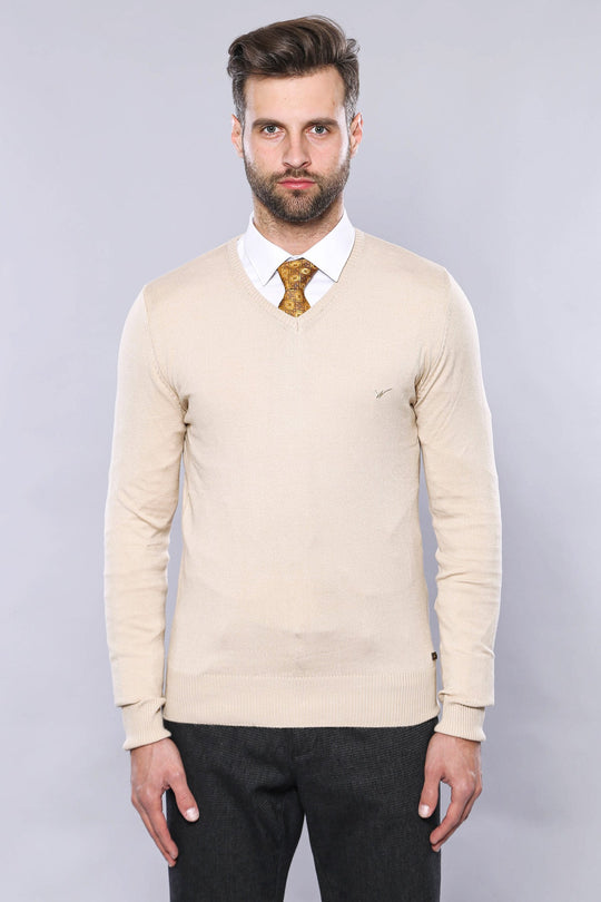 Cream Slim Fit V-Neck Cotton Knit Jumper | Wessi