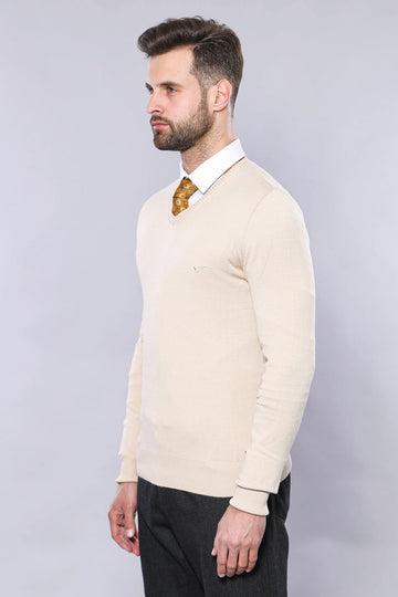 Cream Slim Fit V-Neck Cotton Knit Jumper | Wessi