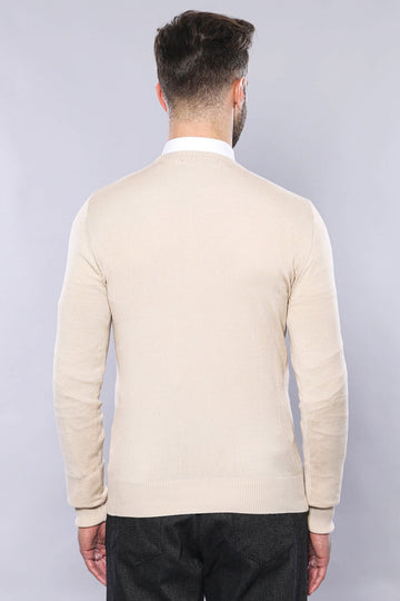 Cream Slim Fit V-Neck Cotton Knit Jumper | Wessi