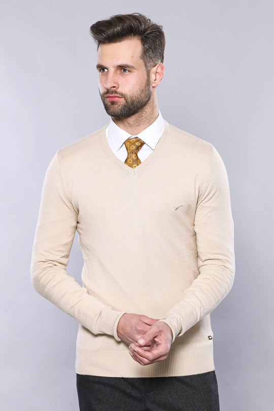 Cream Slim Fit V-Neck Cotton Knit Jumper | Wessi