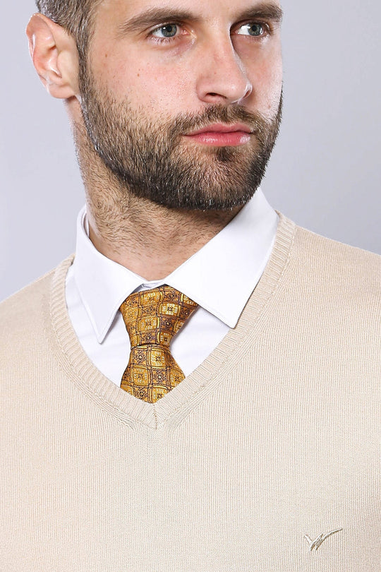 Cream Slim Fit V-Neck Cotton Knit Jumper | Wessi