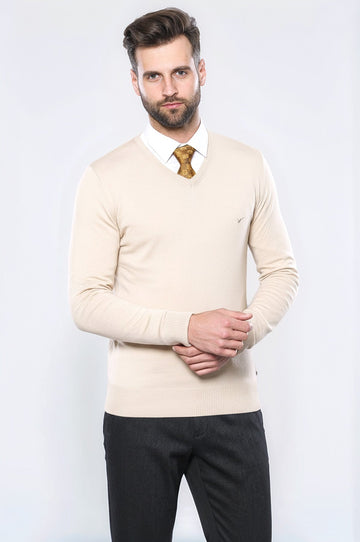 Cream Slim Fit V-Neck Cotton Knit Jumper | Wessi