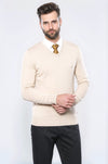 Cream Slim Fit V-Neck Cotton Knit Jumper | Wessi