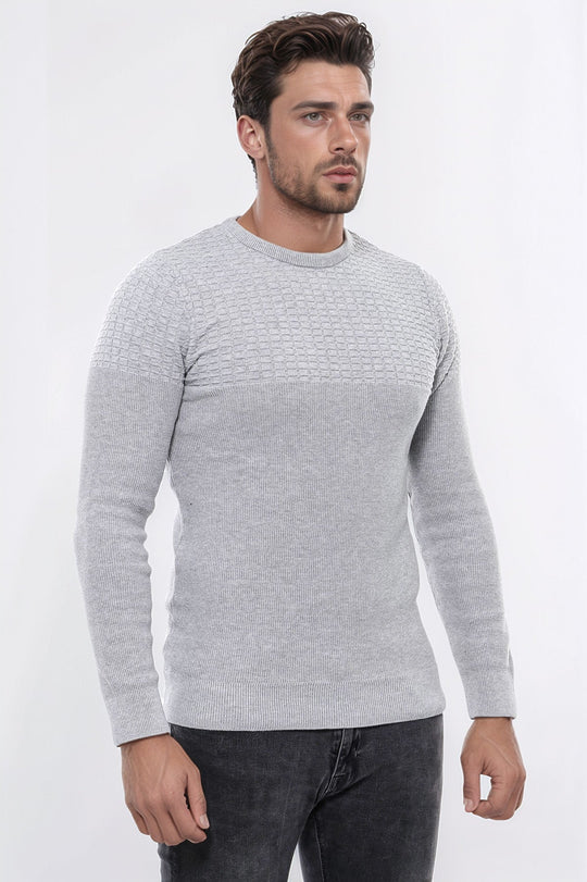 Light Grey Slim Fit Round Neck Patterned Cotton Knit Jumper – Wessi