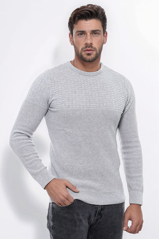 Light Grey Slim Fit Round Neck Patterned Cotton Knit Jumper – Wessi