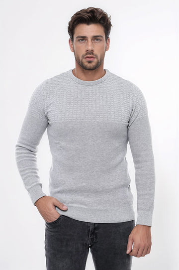 Light Grey Slim Fit Round Neck Patterned Cotton Knit Jumper – Wessi