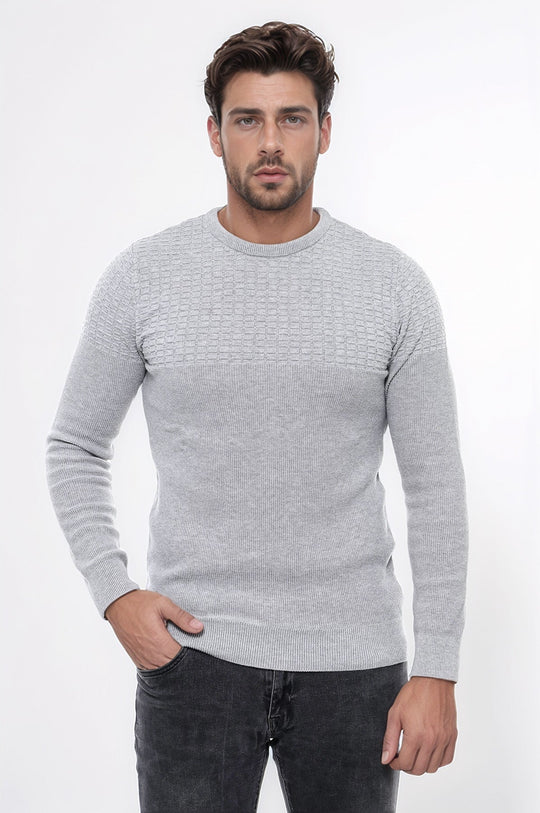 Light Grey Slim Fit Round Neck Patterned Cotton Knit Jumper – Wessi