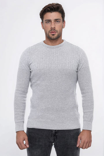 Light Grey Slim Fit Round Neck Patterned Cotton Knit Jumper – Wessi