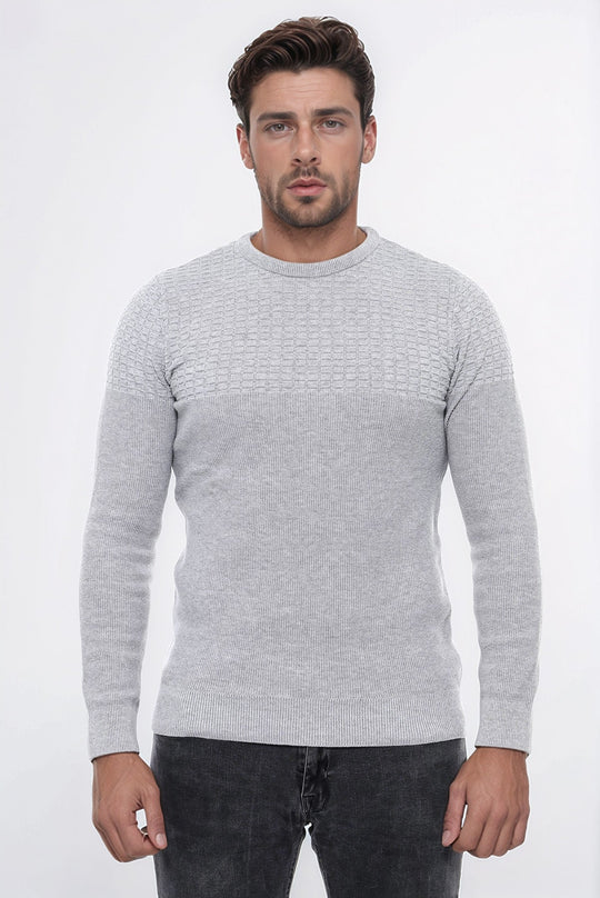Light Grey Slim Fit Round Neck Patterned Cotton Knit Jumper – Wessi