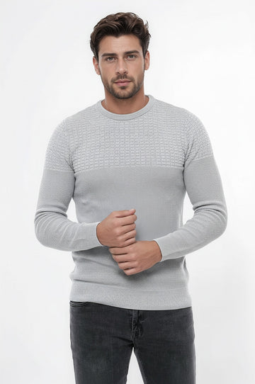 Light Grey Slim Fit Round Neck Patterned Cotton Knit Jumper – Wessi