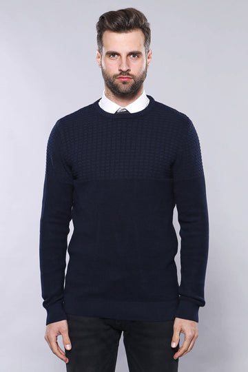 Navy Blue Slim Fit Patterned Crew Neck Sweater – Wessi