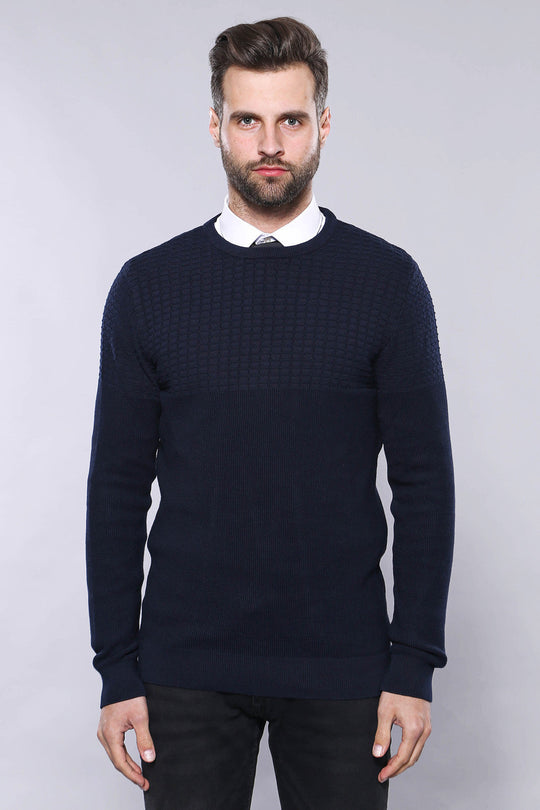 Navy Blue Slim Fit Patterned Crew Neck Sweater – Wessi
