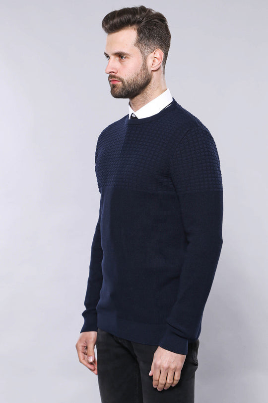 Navy Blue Slim Fit Patterned Crew Neck Sweater – Wessi