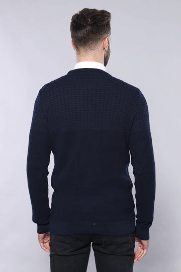 Navy Blue Slim Fit Patterned Crew Neck Sweater – Wessi