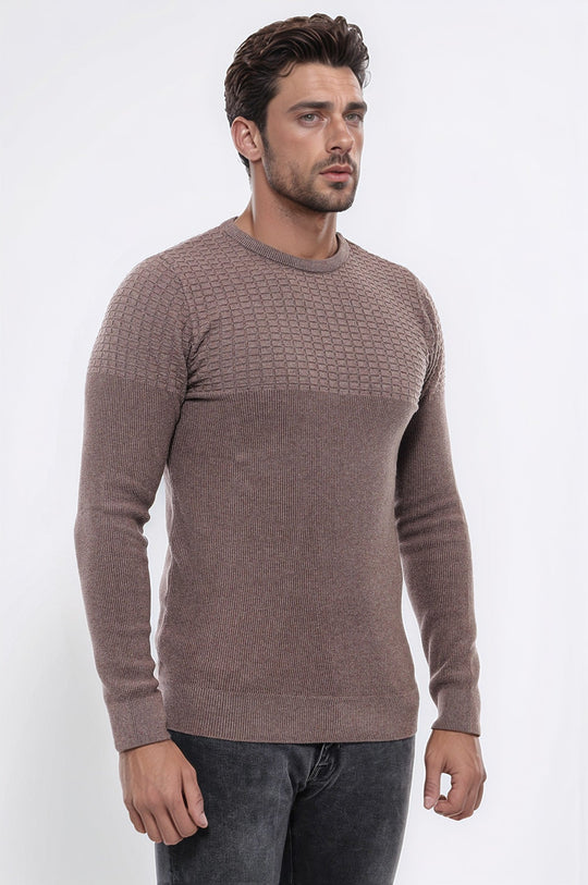 Mink Round Neck Slim Fit Textured Cotton Knit Jumper – Wessi