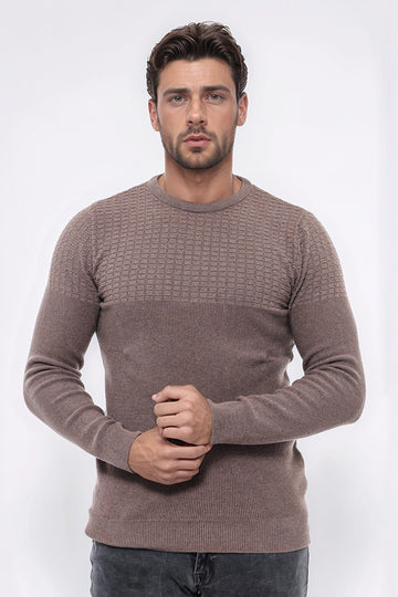 Mink Round Neck Slim Fit Textured Cotton Knit Jumper – Wessi